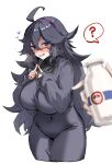  1girl ? @_@ ahoge alternate_breast_size black_eyes black_hair black_sweater blush bottle breasts breath dress hairband heart heart-shaped_pupils heavy_breathing hex_maniac_(pokemon) highres horn/wood large_breasts long_dress long_hair long_sleeves looking_at_viewer milk_bottle open_mouth pokemon pokemon_xy purple_dress purple_hairband ribbed_sweater smile solo solo_focus sweater symbol-shaped_pupils 