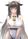  1girl absurdres animal_ears arm_under_breasts azur_lane bangs bare_arms bare_shoulders bell blush breasts brown_hair china_dress chinese_clothes cleavage cleavage_cutout clothing_cutout cow_ears cow_horns cowbell cowboy_shot crying crying_with_eyes_open dress eyebrows_visible_through_hair hand_on_own_ass highres horns kashino_(azur_lane) large_breasts long_hair looking_at_viewer lordol parted_lips pelvic_curtain purple_eyes sleeveless sleeveless_dress solo tears very_long_hair white_dress 