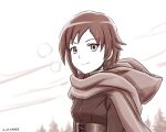  1girl artist_name cape commentary dated english_commentary hood looking_afar outdoors ruby_rose rwby saver_(artbysaver) sepia short_hair sketch sky solo tree upper_body 