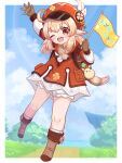  1girl ;d ahoge arm_up backpack bag bare_legs blonde_hair blue_sky boots brown_bag brown_footwear brown_gloves bush cabbie_hat child cloud cloudy_sky clover clover_print day dodoco_(genshin_impact) dot_nose dress flag four-leaf_clover genshin_impact gloves gold_trim grass hair_between_eyes hat hat_feather highres holding holding_flag horizon klee_(genshin_impact) light_blush long_sleeves looking_at_viewer low_twintails nami_harakamiaka one_eye_closed outdoors outside_border pointy_ears pom_pom_(clothes) puffy_long_sleeves puffy_sleeves rainbow randoseru red_dress red_eyes red_hat road sidelocks sky smile socks standing standing_on_one_leg teeth twintails upper_teeth_only white_socks 