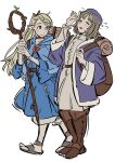  2girls backpack bad_feet bag bedroll blonde_hair blue_cape blue_dress boots brown_footwear brown_hair cape closed_eyes coat commentary dress dungeon_meshi falin_touden flying_sweatdrops ggooww7 green_eyes highres holding holding_staff hood hooded_cape leaning_back long_hair looking_at_viewer marcille_donato multiple_girls parted_lips pointy_ears ponytail purple_coat purple_hat sandals short_hair simple_background sketch smile staff symbol-only_commentary white_background white_dress 