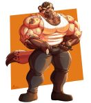  2021 5_fingers anthro beard belt big_muscles black_nose bottomwear brown_body brown_fur brown_nipples clothing eyebrows facial_hair fingers footwear fur gloves_(marking) hi_res huge_muscles humanoid_hands hyaenid male mammal markings muscular muscular_anthro muscular_male nipples pants plantigrade red_eyes shirt shoes solo spots spotted_body spotted_fur standing tank_top thick_eyebrows tight_clothing topwear yongdasom 