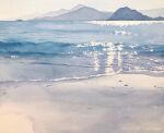  beach highres mountain mountainous_horizon no_humans ocean original painting_(medium) scenery sunlight tr_watercolor traditional_media watercolor_(medium) waves 