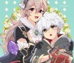  1boy 1girl book breasts brown_gloves brown_hair cleavage corrin_(female)_(fire_emblem) corrin_(female)_(nohr_noble)_(fire_emblem) corrin_(fire_emblem) dragonstone fingerless_gloves fire_emblem fire_emblem_awakening fire_emblem_fates gloves grey_hair highres holding holding_book kiriya_(552260) long_hair open_mouth red_eyes robin_(fire_emblem) robin_(male)_(child)_(fire_emblem) robin_(male)_(fire_emblem) smile upper_body white_hair 