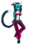  absurd_res anthro belly_dancer belly_dancer_outfit blue_body blue_fur blue_hair claws clothing domestic_cat felicia_(nikku_lunatique) felid feline felis female fur hair hands_behind_head harem_outfit harem_pants hi_res looking_at_viewer mammal multicolored_body multicolored_fur nikku_lunatique on_one_leg pink_claws pink_eyes simple_background solo standing stripes translucent translucent_clothing white_background white_body white_fur 
