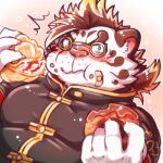  2021 anthro blush clothed clothing dessert doughnut eating eyewear felid food fur glasses hiryuuuuuuuuu humanoid_hands kemono licho_(tas) male mammal overweight overweight_male pantherine solo tiger tokyo_afterschool_summoners video_games white_body white_fur 