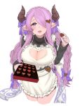  1girl absurdres apron bangs blush bow box box_of_chocolates braid breasts candy chocolate chocolate_heart cleavage cleavage_cutout clothing_cutout cropped_legs crown_braid draph food frilled_apron frills granblue_fantasy hair_bow hair_ornament hair_over_one_eye heart heart_cutout heart_hair_ornament highres horn_ornament horn_ribbon horns large_breasts long_hair low-tied_long_hair narmaya_(granblue_fantasy) official_alternate_costume open_mouth parted_bangs pointy_ears purple_eyes purple_hair ribbon samgo simple_background solo sweater turtleneck turtleneck_sweater twin_braids valentine very_long_hair white_background 