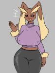  anthro big_breasts blush breasts clothing female hi_res lopunny nintendo nipples pok&eacute;mon pok&eacute;mon_(species) solo sweater tight_clothing topwear unknown_artist video_games yoga_pants 