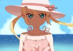  1girl a_(toitoitoioekk) absurdres bare_shoulders blonde_hair blue_sky cloud day dress expressionless green_eyes hat hayate_no_gotoku! highres horizon long_hair looking_at_viewer ocean pink_dress sanzen&#039;in_nagi sky solo sun_hat swimsuit twintails upper_body wind 