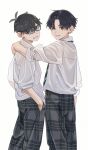  2boys arm_around_shoulder arm_at_side black_hair blue_eyes collared_shirt earrings feet_out_of_frame glasses grey_pants grey_shirt grin hand_in_pocket highres jewelry long_sleeves looking_at_viewer looking_back mi_(pic52pic) multiple_boys necktie original pants parted_bangs plaid plaid_pants red_eyes school_uniform shirt shirt_partially_tucked_in short_hair simple_background sleeves_rolled_up smile standing striped_necktie untucked_shirt white_background white_shirt 
