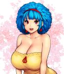  1girl bangs bare_shoulders blue_hair breasts cleavage dress erkaz eyebrows_visible_through_hair flower hairband highres huge_breasts medium_hair open_mouth original pink_flower red_eyes red_hairband rina_atherina smile solo strapless strapless_dress upper_body yellow_dress 