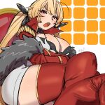  1girl azur_lane black_ribbon blonde_hair boots breasts coat crossed_arms crossed_legs epaulettes fukukitete fur-trimmed_coat fur_trim hair_ribbon large_breasts light_blush long_hair looking_at_viewer nelson_(azur_lane) nelson_(retrofit)_(azur_lane) open_mouth red_coat red_eyes red_footwear ribbon signature sitting solo swept_bangs thigh_boots twintails very_long_hair 
