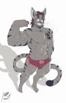 2023 abs anthro artist_logo athletic_wear background_character bottomwear bulge clothed clothing digital_media_(artwork) domestic_cat duo felid feline felis flexing flexing_bicep fur grey_body grey_fur gym_bottomwear gym_shorts hair hi_res logo male mammal muscular peculiart purple_eyes purple_hair red_bottomwear red_clothing red_shorts shorts simple_background smile solo_focus tail topless white_background zeke_(furryyoyoer)