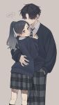  1boy 1girl black_hair black_socks blue_eyes blue_sweater collared_shirt earrings feet_out_of_frame grey_background grey_hair grey_pants grey_shirt grey_skirt hair_over_eyes hand_in_pocket hand_on_another&#039;s_chest height_difference hetero highres hug jewelry long_hair long_sleeves looking_at_another looking_to_the_side mi_(pic52pic) miniskirt necktie nervous original pants parted_bangs plaid plaid_pants plaid_skirt pleated_skirt ponytail red_eyes school_uniform shirt short_hair skirt socks standing striped_necktie stud_earrings sweat sweater white_shirt 