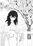  1girl antenna_hair cellphone cherry_blossoms curly_hair dithering dress fence highres holding holding_phone kms2605 long_hair looking_at_viewer monochrome original outdoors parted_lips phone smartphone solo squinting standing tree v 