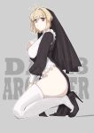  absurdres ahoge arcueid_brunestud ass black_footwear black_robe blonde_hair bottomless breasts english_commentary grey_background habit high_heels highres jonyeld large_breasts nun red_eyes revealing_clothes robe short_hair single_hair_intake thighhighs tsukihime tsukihime_(remake) white_thighhighs 