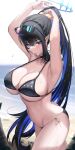  1girl armpits arms_behind_head arms_up bare_shoulders beach bikini black_bikini black_hair blue_archive blue_eyes blue_hair blush breasts cleavage cowboy_shot day earrings giga-tera halo highres horns jewelry large_breasts long_hair looking_at_viewer mouth_hold multicolored_hair navel outdoors pointy_ears ponytail rin_(blue_archive) sand sidelocks solo stomach string_bikini sweat swimsuit two-tone_hair tying_hair very_long_hair water wet 