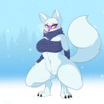  alopex anthro arctic_fox big_breasts blepwep blush bottomless breasts canid canine clothed clothing crouching featureless_crotch female fox hi_res looking_at_viewer mammal pubes solo teenage_mutant_ninja_turtles 