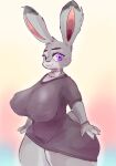  anthro big_breasts bracelet breasts clothed clothing curvy_figure disney female fingers fur grey_body grey_fur hi_res huge_breasts jewelry judy_hopps kiseff lagomorph leporid looking_at_viewer mammal multicolored_body multicolored_fur necklace nipple_outline portrait purple_eyes rabbit shirt slightly_chubby solo standing thick_thighs three-quarter_portrait topwear voluptuous wide_hips zootopia 