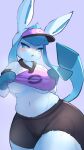 absurd_res anthro big_breasts blue_body blue_fur breasts canid clothed clothing eeveelution female fur generation_4_pokemon glaceon hi_res looking_at_viewer mammal nintendo nojaaaaaaaarori pokemon pokemon_(species) pokemon_unite purple_unite_style_glaceon simple_background solo tail thick_thighs wide_hips