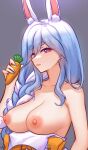  1girl animal_ear_fluff animal_ears arynah blue_hair braid braided_ponytail breasts carrot food highres holding holding_carrot hololive large_breasts long_hair looking_at_viewer multicolored_hair nipples open_mouth pekomama rabbit_ears rabbit_girl red_eyes short_eyebrows smile solo thick_eyebrows topless vegetable virtual_youtuber white_hair 