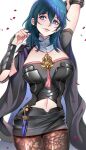  1girl arm_up black_skirt blue_eyes blue_hair breasts brown_pantyhose byleth_(female)_(fire_emblem) byleth_(fire_emblem) clothing_cutout commentary cowboy_shot fire_emblem fire_emblem:_three_houses grin hand_up highres large_breasts long_hair looking_at_viewer navel navel_cutout pantyhose parted_lips pencil_skirt pixie_(pixieinktvis) short_sleeves simple_background skirt smile solo standing thighs white_background 