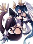 1girl asymmetrical_wings black_panties black_tail black_thighhighs black_wings blue_hair boots breasts cleavage cropped_shirt detached_collar detached_sleeves dizzy_(guilty_gear) feathered_wings guilty_gear highres hina_co_330 large_breasts long_hair long_sleeves navel panties red_eyes ribbon shirt simple_background solo strapless strapless_shirt tail tail_ornament tail_ribbon thighhighs underwear white_background white_footwear white_shirt white_sleeves white_wings wide_sleeves wings yellow_ribbon 