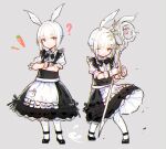  1girl ? animal_ears apron bai_qi-qsr black_bow black_dress black_footwear black_wrist_cuffs blunt_bangs bow carrot closed_mouth crossed_arms dirty dirty_face dress dress_bow eyelashes final_fantasy final_fantasy_xiv frilled_apron frilled_dress frilled_sleeves frilled_wrist_cuffs frills full_body grey_background holding holding_staff lace-trimmed_dress lace_trim light_frown looking_at_viewer maid medium_dress multiple_views one_eye_closed pantyhose pocket pointy_ears puffy_short_sleeves puffy_sleeves rabbit_ears red_eyes shirt shoes short_hair_with_long_locks short_sleeves simple_background sleeveless sleeveless_dress smoke staff sweat waist_apron warrior_of_light_(ff14) white_apron white_hair white_pantyhose white_shirt white_sleeves wrist_cuffs 