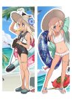  1boy 1girl absurdres arm_up beach bikini binoculars bird black_one-piece_swimsuit blonde_hair blue_eyes blue_flower blue_sailor_collar cloud crab day dolphin fish flower food fruit grin hat hibiscus highres holding holding_swim_ring innertube jacket jinkai_yamizawa kantai_collection long_hair mouth_hold multiple_views one-piece_swimsuit open_clothes open_jacket outdoors popsicle ro-500_(kancolle) sailor_collar sandals seagull sky smile swim_ring swimsuit tan thigh_strap water watermelon white_bikini 