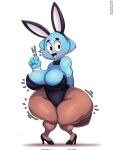 anthro big_breasts black_eyes blue_body blush bow_tie breasts bunny_costume cartoon_network clothing costume domestic_cat easter felid feline felis female footwear hi_res holidays mammal nicole_watterson rabbit_ears shoes solo the_amazing_world_of_gumball thedeathcrow05 thick_thighs
