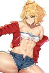  1girl abs absurdres blonde_hair breasts commentary cutoffs deccatezu denim denim_shorts english_commentary fate/apocrypha fate/grand_order fate_(series) green_eyes hair_ornament hair_scrunchie highres jacket jewelry long_hair mordred_(fate) mordred_(fate/apocrypha) mordred_(memories_at_trifas)_(fate) navel necklace open_clothes open_jacket red_jacket scrunchie short_shorts shorts small_breasts smile solo thighs 