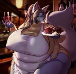 2023 5_fingers absurd_res accessory alcohol anthro apron beef belly belly_overhang beverage big_belly big_breasts big_butt big_tail biped black_ear_tips black_ears black_nose blue_body blue_ears blue_fur blurred_background blush bottomless bottomless_anthro bottomless_female breasts brown_hair butt canid canine claws clothed clothing colored container countershade_face countershade_fur countershade_legs countershading cup curvy_figure detailed_background dg_(artist) digital_media_(artwork) dipstick_ears drinking_glass eyelashes female female_anthro finger_claws fingers fluffy fluffy_tail food fox front_view fur glass glass_container glass_cup hair hair_accessory half-length_portrait hi_res holding_container holding_glass holding_object holding_plate holding_wine_glass huge_breasts huge_butt humanoid_hands inside kemono light lighting long_hair looking_at_viewer love_handles mammal meat monotone_hair monotone_tail multicolored_body multicolored_ears multicolored_fur nipple_outline obese obese_anthro obese_female overweight overweight_anthro overweight_female pink_body pink_fur pink_inner_ear pink_tail plate ponytail portrait pupils restaurant scrunchie shaded smile snout solo standing steak sweater tail thick_tail thick_thighs three-quarter_view topwear voluptuous waiter white_apron white_body white_clothing white_countershading white_fur wide_hips wine wine_glass yellow_clothing yellow_sweater yellow_topwear