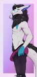 absurd_res bottomwear bulge clothed clothing facial_piercing hair hi_res king_chulapa leleo looking_at_viewer male neck_tuft nose_piercing nose_ring pants partially_clothed piercing ring_piercing sergal side_view smile solo tail tuft underwear