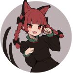  1girl aki_inu animal_ears black_dress blunt_bangs cat_ears cat_girl cat_tail clenched_hands dress extra_ears fang grey_background kaenbyou_rin long_sleeves multiple_tails nekomata open_mouth red_eyes simple_background skin_fang slit_pupils solo tail touhou two_tails upper_body 