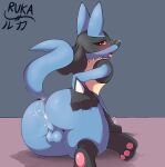  anthro anus backsack balls black_body black_fur blue_body blue_fur blush bodily_fluids butt canid canine cum cum_in_ass cum_inside cum_leaking digitigrade fur genital_fluids genitals hi_res looking_at_viewer looking_back lucario male mammal nintendo pawpads pink_pawpads pok&eacute;mon pok&eacute;mon_(species) presenting presenting_anus presenting_balls presenting_hindquarters rear_view red_eyes ruka_(artist) simple_background solo video_games yellow_body yellow_fur 