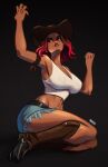  1girl arm_up artist_name boots breasts brown_eyes brown_footwear brown_hat calamity_(fortnite) clenched_hand cowboy_boots cowboy_hat crop_top dark-skinned_female dark_skin denim denim_skirt detached_sleeves english_commentary fortnite full_body hat highres knee_boots large_breasts legs_together looking_up magaska medium_hair midriff miniskirt navel no_bra on_floor pink_hair pink_lips skirt solo tank_top thick_eyebrows toned v-neck white_tank_top 