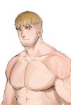 1boy bara beard_stubble blank_stare blonde_hair facial_hair highres hiroki_bzdsk huge_eyebrows large_pectorals looking_at_viewer male_focus mature_male muscular muscular_male no_nipples original pectorals short_hair sideburns_stubble solo stubble undercut unfinished upper_body veins veiny_arms 