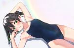  1girl airmilk310 armpits blue_one-piece_swimsuit blush breasts collarbone commentary_request gradient_hair green_eyes green_hair hair_between_eyes highres looking_at_viewer love_live! love_live!_nijigasaki_high_school_idol_club medium_hair multicolored_hair one-piece_swimsuit sidelocks small_breasts solo swimsuit takasaki_yu twintails upper_body white_background 