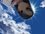  1girl backlighting black_hair blue_sky cloud day dress expressionless from_below hair_ornament hairclip ino_(magloid) long_hair looking_at_viewer mochizuki_nonoka neckerchief otome_function red_neckerchief sailor_dress school_uniform sky solo sun sunlight white_dress 