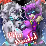 1:1 absurd_res alpaca anthro big_breasts blue_eyes bovid breasts camelid canid canine canis caprine christmas christmas_clothing christmas_headwear clothing dj_bop epic_games female fortnite group hat headgear headwear hi_res holidays kindred_(lol) lamb_(lol) league_of_legends male mammal pink_body riot_games santa_hat sheep spanish_text text trio white_body wolf wolf_(lol) zak_hitsuji