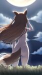  1girl anarchojs animal_ears ass back breasts cloud completely_nude from_behind full_moon highres holo medium_breasts moon night nude sideboob solo spice_and_wolf standing tail wheat wheat_field wind wolf_ears wolf_girl wolf_tail 
