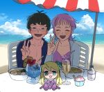  1boy 1girl antenna_hair beach beach_umbrella bent_v bikini black_eyes black_hair blue_shirt blue_sky blush bottle choppy_bangs closed_eyes cloud collarbone egg_(food) facing_viewer food glasses hand_up hood hood_down hoodie horizon ice_cream_cup inkya_lovecome kagami_tooru kamaboko long_hair looking_at_viewer memo1115925 mole mole_under_mouth monobloc_(chair) narutomaki noodles ocean on_chair oohashi_taiga open_clothes open_hoodie open_mouth open_shirt outdoors purple_bikini purple_hair ramen sand shade shirt short_hair side-by-side sitting sky small_sweatdrop smile stuffed_toy swimsuit table thick_eyebrows tropical_drink umbrella v water_bottle white_hoodie 