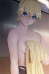  1girl blonde_hair blue_eyes breasts clothes_down covering_breasts covering_privates holding holding_towel indoors ino_(magloid) looking_at_viewer one-piece_swimsuit otome_function parted_lips short_hair small_breasts solo swimsuit tatiana_vasilievna_stalina towel upper_body 