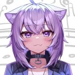  1girl :3 ahoge animal_ear_fluff animal_ears black_choker cat_ears choker closed_mouth collarbone commentary_request deaver eyebrows_visible_through_hair fang highres hololive nekomata_okayu purple_eyes purple_hair short_hair skin_fang smile solo upper_body virtual_youtuber 