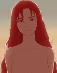  1girl arms_at_sides backlighting breasts closed_mouth collarbone gradient_background grey_background jas_(littlecrime) long_hair looking_at_viewer nude red_eyes red_hair smile solo the_mother_(the_red_turtle) the_red_turtle upper_body very_long_hair 