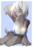  1girl animal_ears arm_behind_head arm_support bikini blue_bikini breasts cameltoe cleavage collarbone dog_ears dog_girl dog_tail furry furry_female grey_hair hair_over_one_eye highres large_breasts looking_at_viewer multicolored_hair one_eye_covered original red_hair sitting solo streaked_hair string_bikini swimsuit tail wet wet_hair yokozuwari yongen_yu 