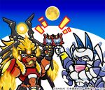  1boy 1girl apollomon arm_up armor blonde_hair blue_hair closed_eyes colored_skin commentary_request cup dianamon digimon digimon_(creature) drinking_glass fire full_moon furry furry_male glass gracenovamon hair_between_eyes lion long_hair mask moon mouth_mask official_art rabbit sun toasting_(gesture) white_skin wine_glass 
