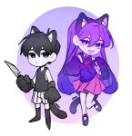  1boy 1girl ahoge animal_ear_fluff animal_ears animal_hands arm_at_side artist_name bare_arms black_eyes black_footwear black_hair black_shorts black_socks black_tail black_tank_top blush bright_pupils brother_and_sister cat_ears cat_tail chibi chibi_only child closed_mouth collared_shirt colored_skin commentary english_commentary fake_animal_ears full_body gradient_background gradient_hair hair_behind_ear hair_between_eyes highres holding holding_knife k0re_drawings knees_together_feet_apart knife long_hair looking_at_viewer mari_(headspace)_(omori) mari_(omori) multicolored_hair neck_ribbon no_pupils no_shoes omori omori_(omori) open_mouth paw_pose pink_background pink_skirt purple_background purple_eyes purple_hair purple_skin purple_sweater_vest red_ribbon ribbon shirt short_hair shorts siblings skirt sleeveless smile socks standing standing_on_one_leg striped_clothes striped_shorts sweater_vest tail tank_top vertical-striped_clothes vertical-striped_shorts white_background white_pupils white_shirt white_shorts white_skin 