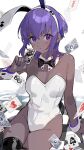  1girl ace_(playing_card) ace_of_hearts ace_of_spades animal_ears assassin_(fate/zero) bare_shoulders blush bow bowtie breasts card cleavage closed_mouth colored_skin covered_navel dark-skinned_female dark_skin detached_collar fake_animal_ears fake_tail fate/grand_order fate/prototype fate/prototype:_fragments_of_blue_and_silver fate_(series) female_assassin_(fate/zero) fujimaru_ritsuka_(female) fujimaru_ritsuka_(male) grey_skin hair_between_eyes hairband hassan_of_serenity_(fate) hassan_of_the_cursed_arm_(fate) heart highleg highleg_leotard highres holding holding_card king_hassan_(fate) leotard looking_at_viewer mask medium_breasts nao_(syn_eaa) playboy_bunny playing_card purple_eyes purple_hair rabbit_ears rabbit_tail riyo_(lyomsnpmp)_(style) short_hair skull_mask solo spade_(shape) strapless strapless_leotard tail traditional_bowtie very_dark_skin white_leotard wrist_cuffs 