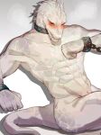  1boy absurdres arknights bara blush clenched_hands collar cuffs feet_out_of_frame furry furry_male handcuffs highres lizardman male_focus muscular muscular_male open_mouth pluto_(pu94_d1de4c) rangers_(arknights) red_eyes restrained sitting solo steam tail wet 